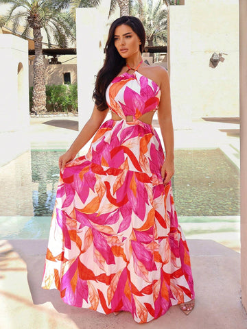 Women's Floral Hollow Out Backless Halter Neck Maxi Dress For Vacation
