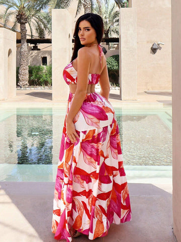 Women's Floral Hollow Out Backless Halter Neck Maxi Dress For Vacation