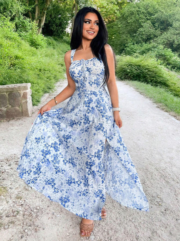 Women's Floral Print Thigh-High Split Sleeveless Summer Dress