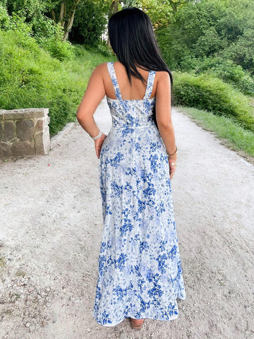 Women's Floral Print Thigh-High Split Sleeveless Summer Dress