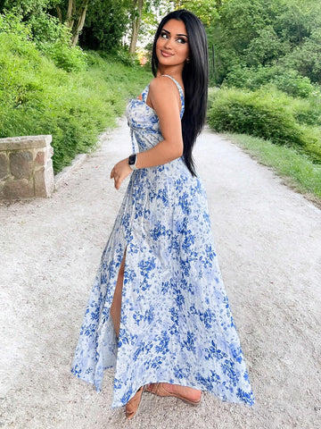 Women's Floral Print Thigh-High Split Sleeveless Summer Dress