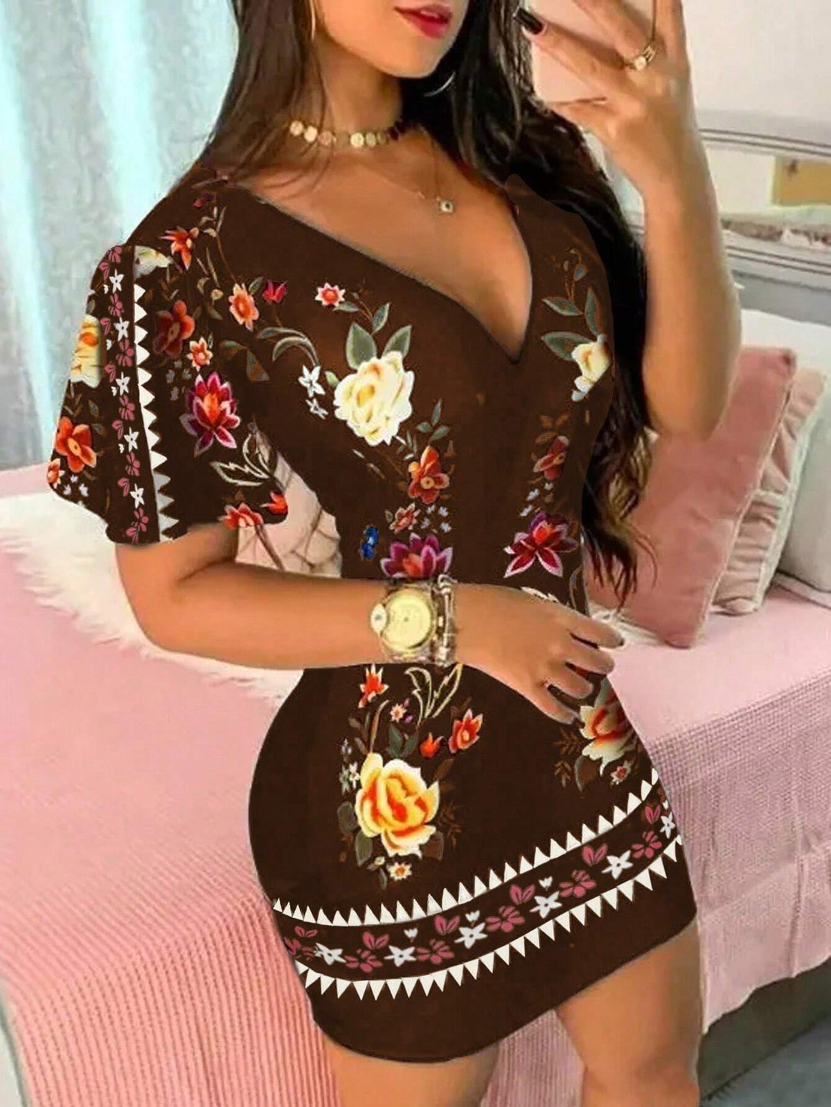 Women's Floral V-Neck Ruffle Short Sleeve Fitted Elegant Dress