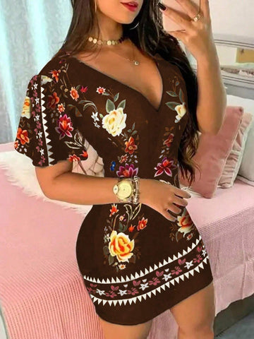 Women's Floral V-Neck Ruffle Short Sleeve Fitted Elegant Dress