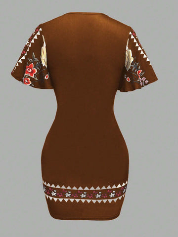 Women's Floral V-Neck Ruffle Short Sleeve Fitted Elegant Dress