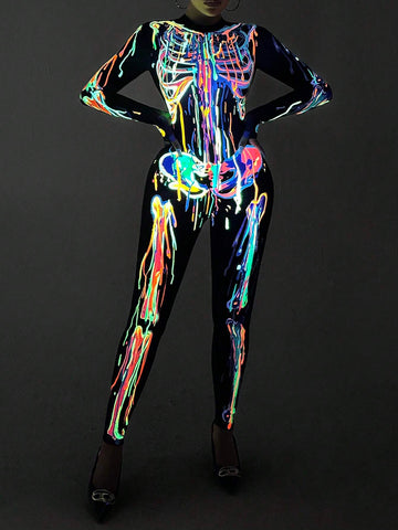Women's Glow In The Dark Skeleton Long Sleeve Jumpsuit