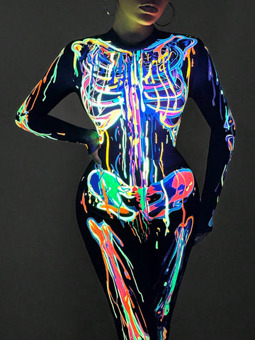 Women's Glow In The Dark Skeleton Long Sleeve Jumpsuit