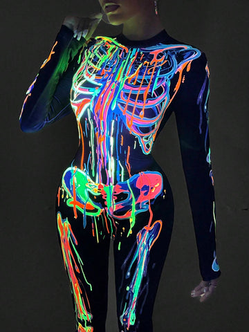 Women's Glow In The Dark Skeleton Long Sleeve Jumpsuit