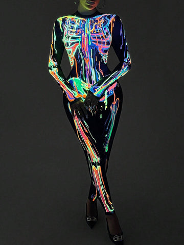 Women's Glow In The Dark Skeleton Long Sleeve Jumpsuit