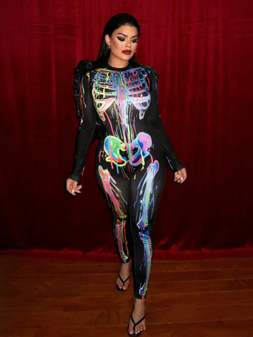 Women's Glow In The Dark Skeleton Long Sleeve Jumpsuit