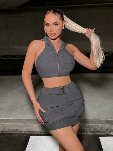 Women's Gray Cargo Hooded Vest And Mini Skirt Set
