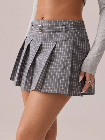 SXY Women's Gray Plaid Casual;Pleated Skirt;/Fashion Versatile/Hanging Out With Friends/Office Siren/Gray Series Outfit Pleated A-Line Mini Skirt