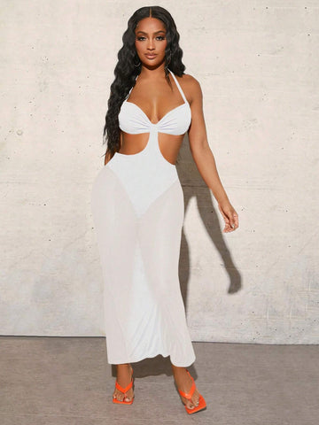 Women's Halter Neck Sleeveless Dress With Hollow Out Waist And Ruffle Detail