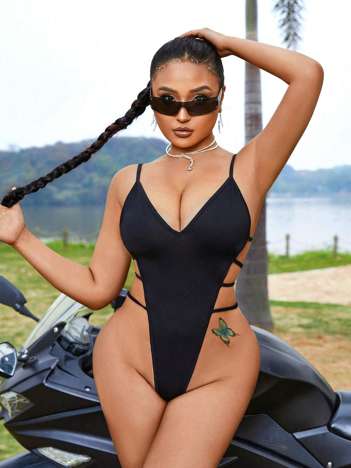 Women's High Slit Black Sexy Bodysuit