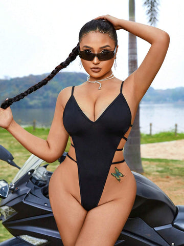 Women's High Slit Black Sexy Bodysuit
