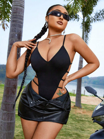Women's High Slit Black Sexy Bodysuit