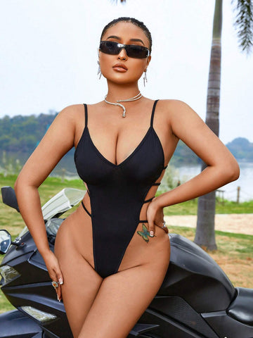 Women's High Slit Black Sexy Bodysuit