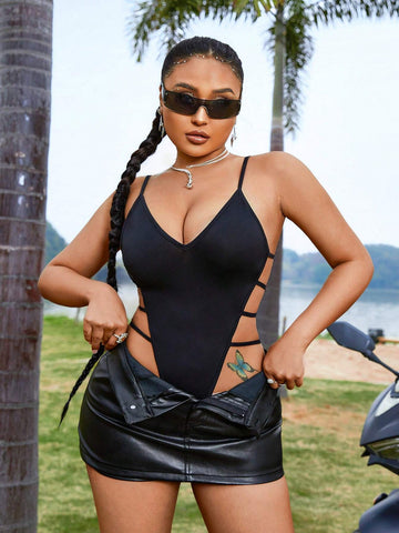 Women's High Slit Black Sexy Bodysuit