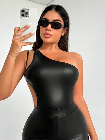 Women's Irregular Oblique Shoulder Cut-Out Pu Leather Sexy Bodysuit