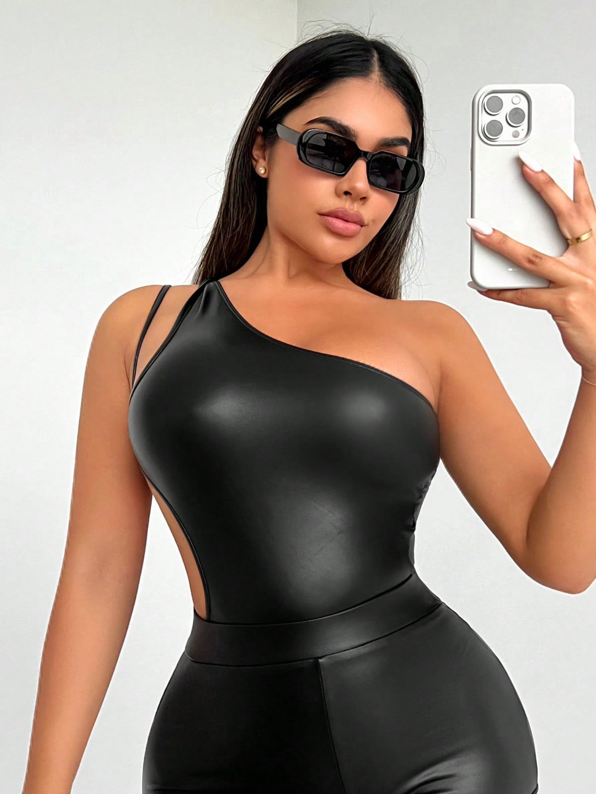 Women's Irregular Oblique Shoulder Cut-Out Pu Leather Sexy Bodysuit