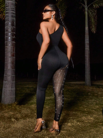 Women's Jumpsuit With Rhinestone Decoration Tighten Mesh Splice