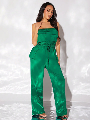 Women's Jumpsuit With Three-Dimensional Cargo Inspired Design, Waist Tie And Pockets