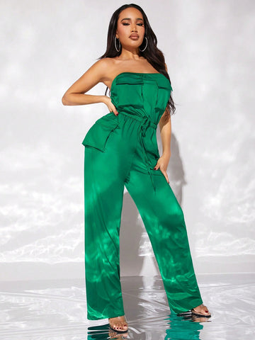 Women's Jumpsuit With Three-Dimensional Cargo Inspired Design, Waist Tie And Pockets