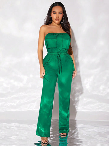 Women's Jumpsuit With Three-Dimensional Cargo Inspired Design, Waist Tie And Pockets