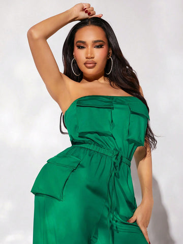 Women's Jumpsuit With Three-Dimensional Cargo Inspired Design, Waist Tie And Pockets