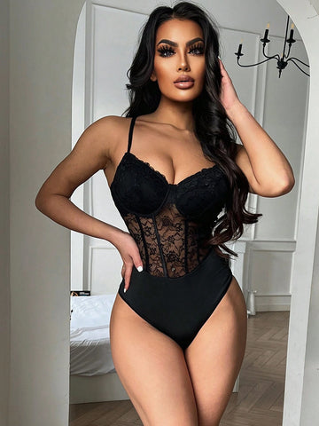 Women's Lace Splice Knit Perspective Bodysuit With Adjustable Straps
