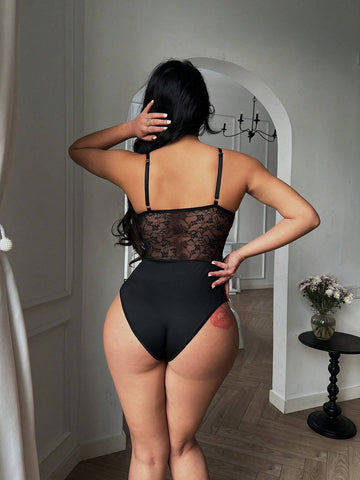 Women's Lace Splice Knit Perspective Bodysuit With Adjustable Straps
