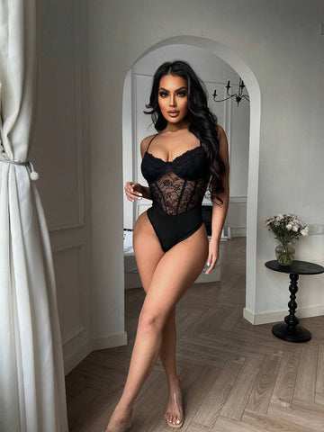 Women's Lace Splice Knit Perspective Bodysuit With Adjustable Straps