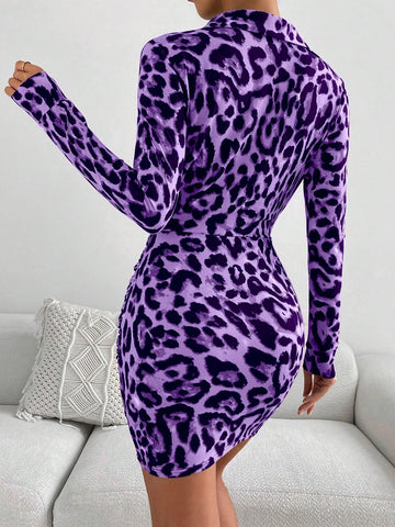 Women's Leopard Print Overlaid V-Neck Long Sleeve Ruched Fitted Mini Dress