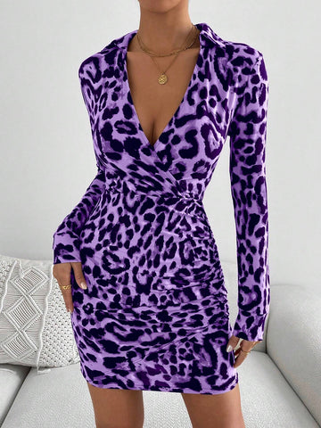 Women's Leopard Print Overlaid V-Neck Long Sleeve Ruched Fitted Mini Dress