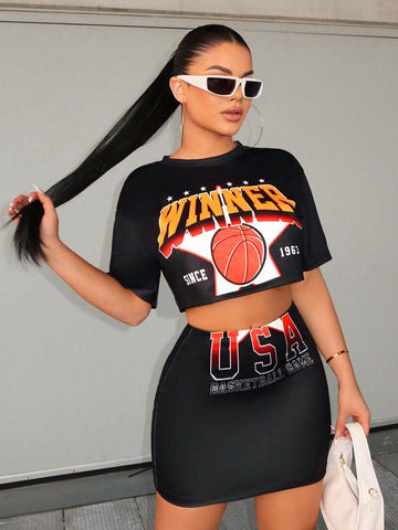 Women's Letter Print Basketball Round Neck Short Sleeve T-Shirt And Skirt Set Women Clothes Sport Clothing Casual Dress Athletic Skirt Sexy Basketball Shorts T Shirt Dress Oversized Graphic T Shirt Biker Women Shorts Shorts Set Jogger Shorts Cargo Skirt