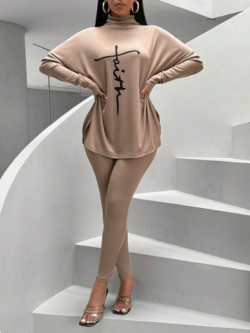 Women's Letter Printed Batwing Sleeve Top And Leggings Set
