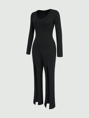 Women's Long Sleeve V Neck Split Wide Leg Jumpsuit