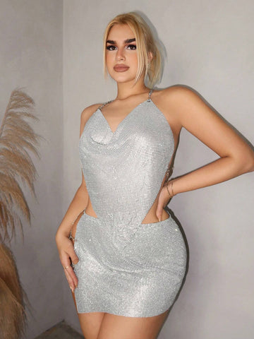 Women's Metal-Tone Asymmetric Hem Draped Neck Top And Side Slit Hem Mini Skirt 2-Piece Outfit, Fashionable And Sexy For Music Festival Party