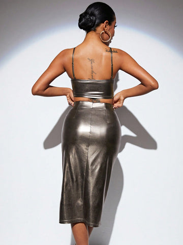 Women's Metallic Texture Criss-Cross Camisole Top And Split Skirt Set