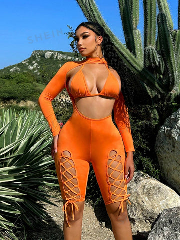 Women's Music Festival Club Beach Criss-Cross Hollow Out Bodysuit