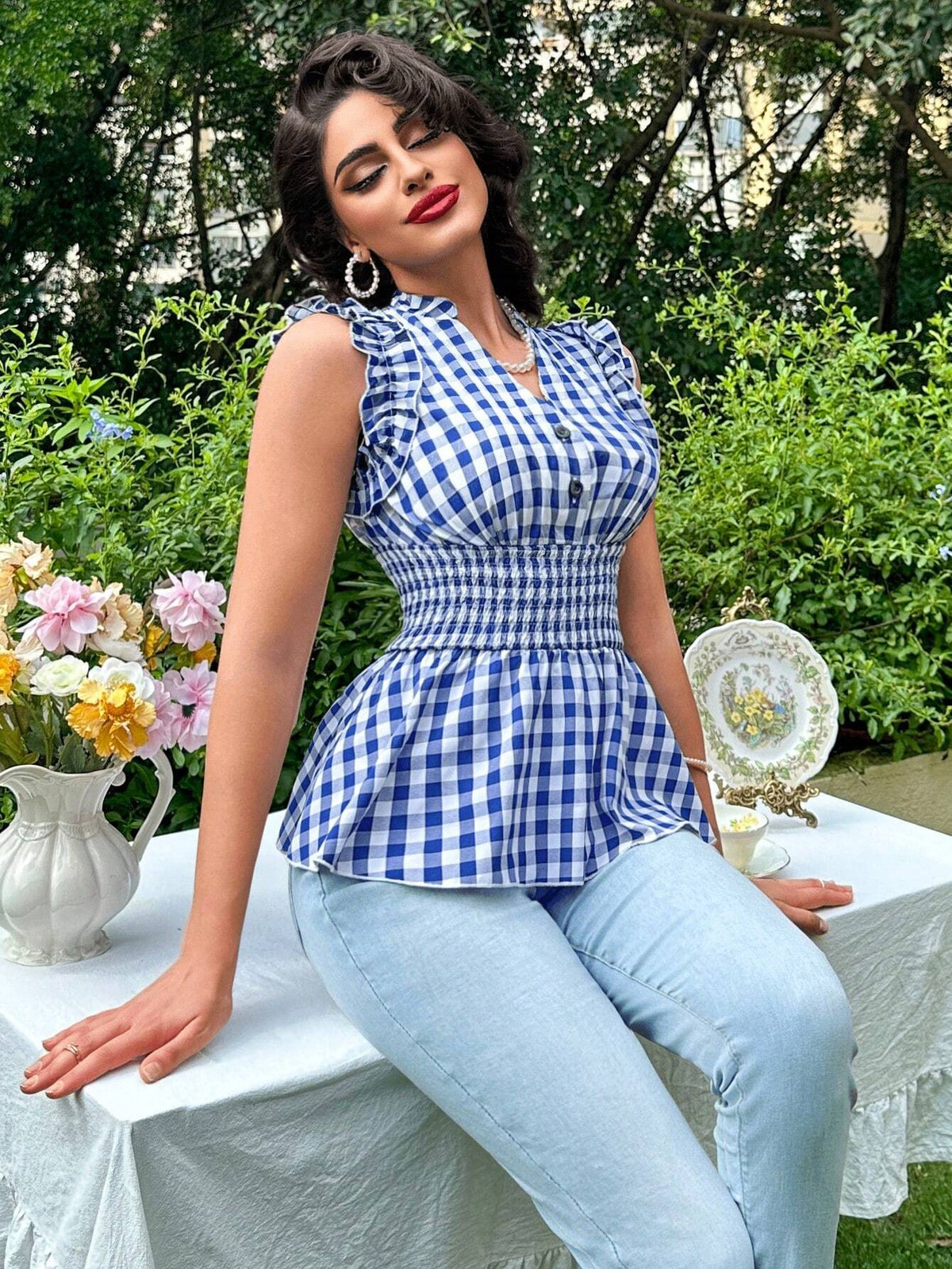 SXY Women's Notch Shirred Gingham & Floral Print Waist Tie Blouse With Ruffle Hem, Summer
