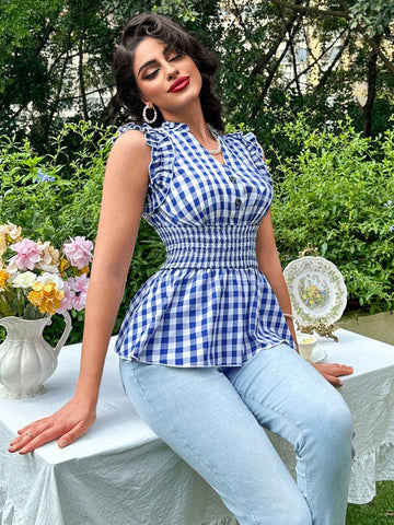 SXY Women's Notch Shirred Gingham & Floral Print Waist Tie Blouse With Ruffle Hem, Summer