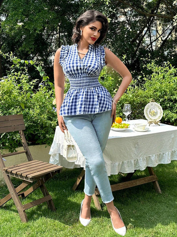 SXY Women's Notch Shirred Gingham & Floral Print Waist Tie Blouse With Ruffle Hem, Summer