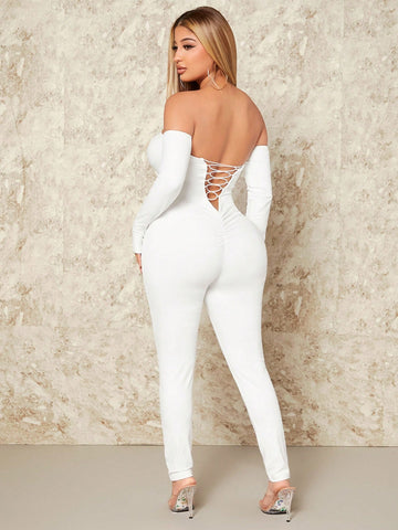 Women's Off-shoulder Back-tie Bodycon Jumpsuit