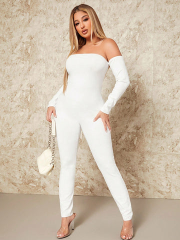 Women's Off-shoulder Back-tie Bodycon Jumpsuit