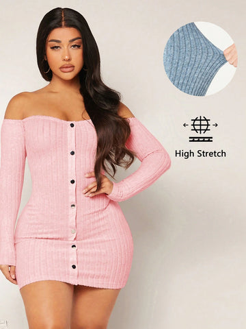 Women's Off Shoulder Long Sleeve Button Fitted Solid Color Stylish Elegant Dress