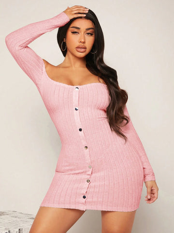 Women's Off Shoulder Long Sleeve Button Fitted Solid Color Stylish Elegant Dress