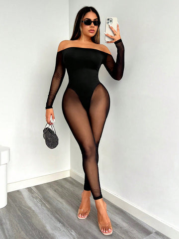Women's Off Shoulder Mesh Paneled Long Sleeve Bodycon Jumpsuit