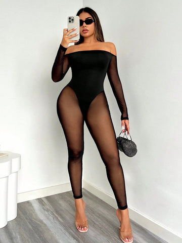 Women's Off Shoulder Mesh Paneled Long Sleeve Bodycon Jumpsuit