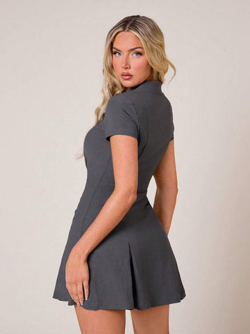 Women's POLO Collar Front Zipper Opening Pleated Mini Dress