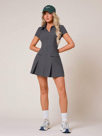 Women's POLO Collar Front Zipper Opening Pleated Mini Dress